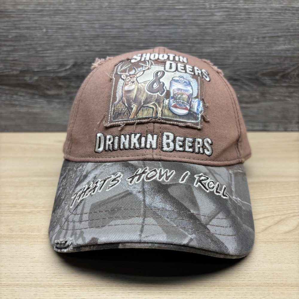 Buck Wear Hat Cap Strap Back Brown Camo Shootin Deers Drinkin Beers Mens